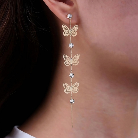 Fashion Jewelry Jewelry - Butterfly Filigree Earrings Rhinestone Accent Gold Tone Tassel Earrings